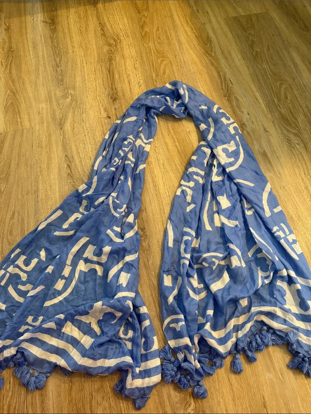 Tory Burch Blue and Cream Patterned Tassel Scarf